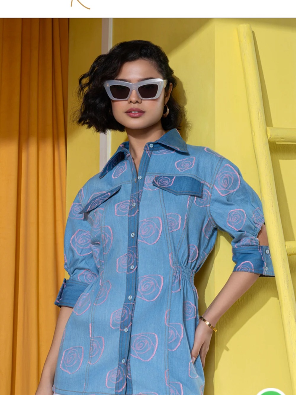 Blue Floral Denim Button-Up Top